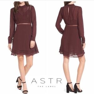 ASTR THE LABEL Women’s Maroon KIRSTEN Fit And Flare Long Sleeve Dress
